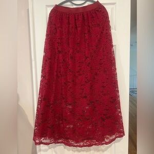 Laffaire Chic Lace Midi Skirt in Rich Red